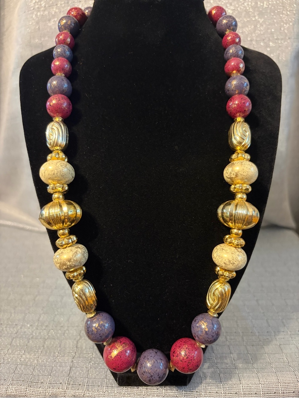 Vintage Red & Purple Beaded Statement Necklace with Gold Accents